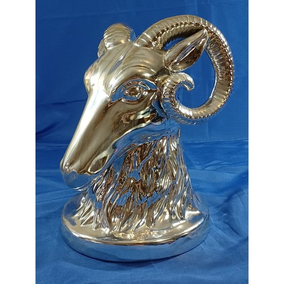 Silver Metallic 12.5" Ceramic Ram Head Bust Statue Sculpture Rustic Man Cave LA - Picture 3 of 9